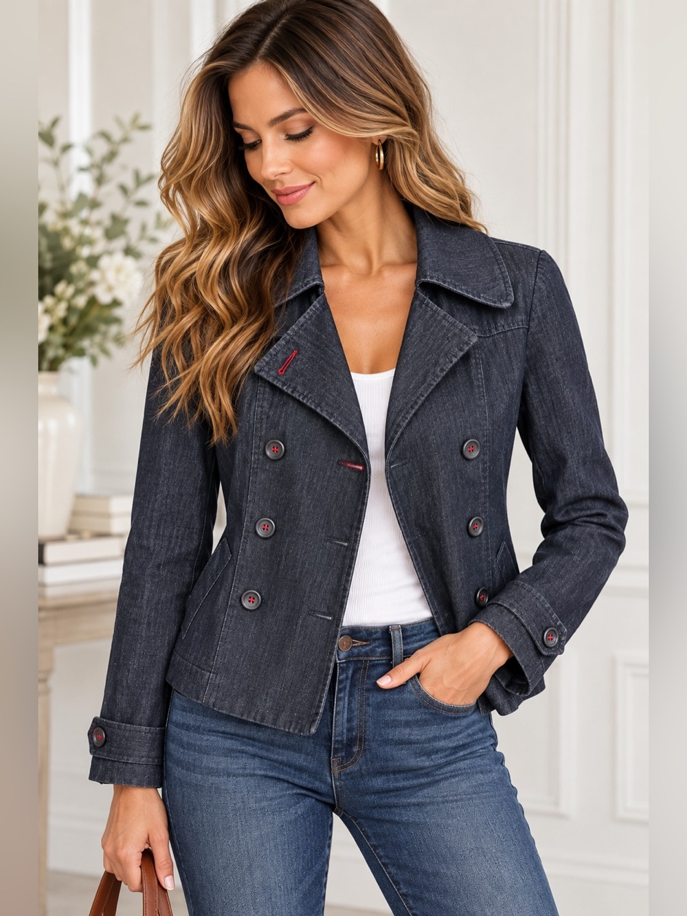 LOFT Denim Double Breasted Peacoat Jacket XS Dark Wash